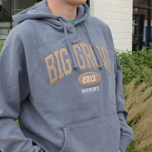 Big Grove Brewery gray hoodie with brown lettering