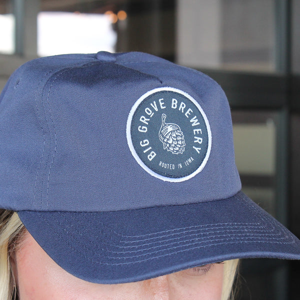 Big Grove Brewery blue hat closeup