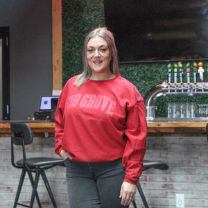 Woman wearing Big Grove Red Arched Puff Corded Crew Closeup