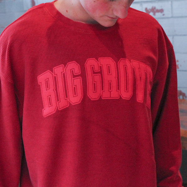 Big Grove Red Arched Puff Corded Crew Closeup