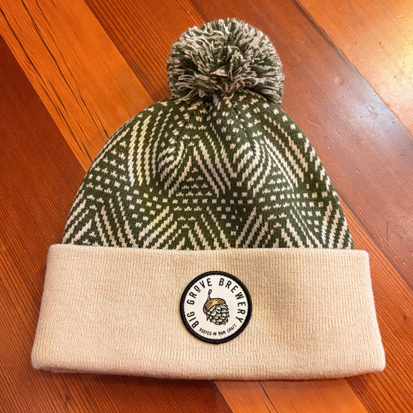 Green and Cream Pom Beanie
