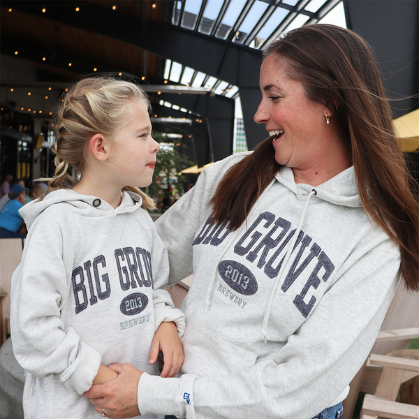 Girl and woman with gray Big Grove sweatshirts