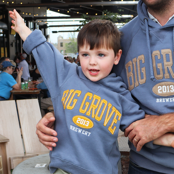 Big Grove Brewery kid's hoodie blue with yellow lettering